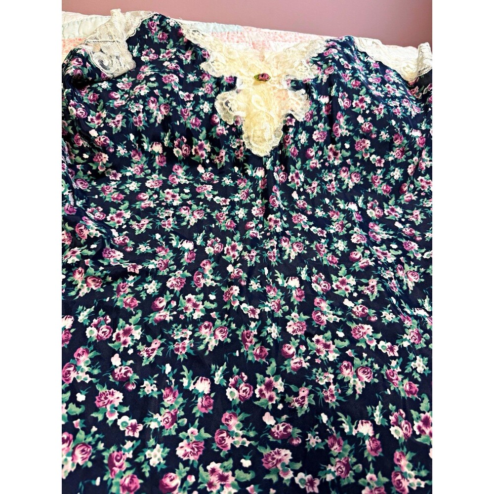Vintage California Dynasty Blue Floral Satin Lace Chemise Nightgown 3X Plus